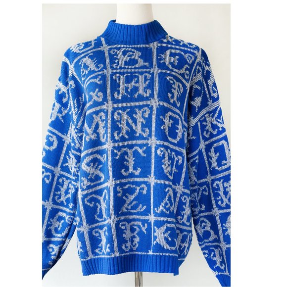 Vintage ADELE 80s 90s Blue White Alphabet Letters Sweater - Picture 3 of 9